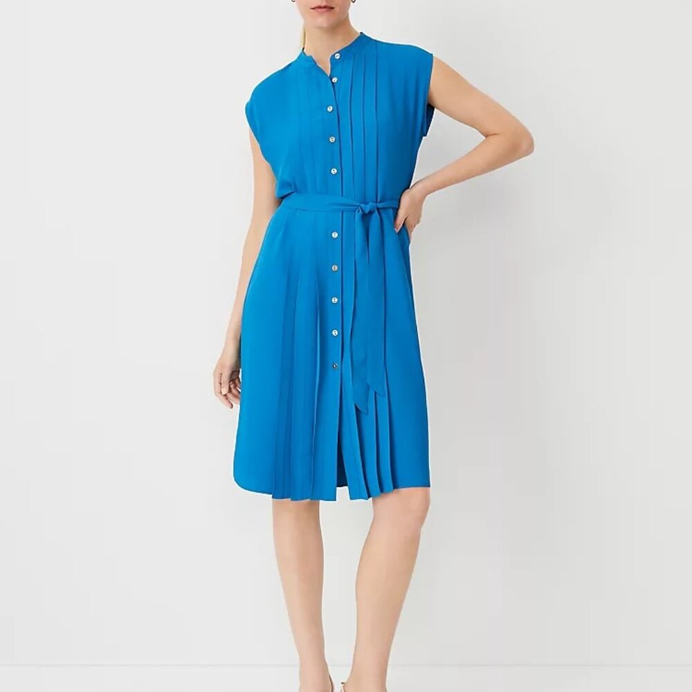 Ann Taylor Pleated Belted Dress, Santorini blue, 14